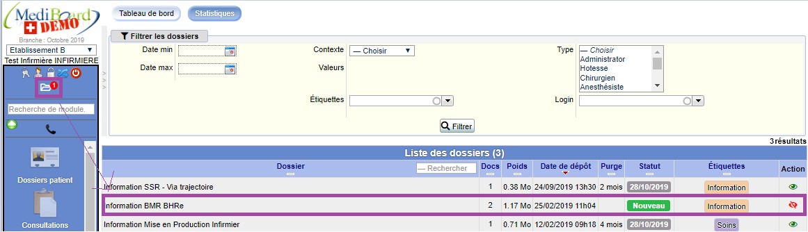 Tableau de bord côté utilisateur Mediboard