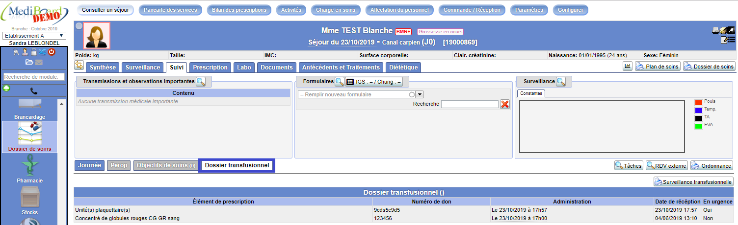 Dossier transfusionnel dans Mediboard