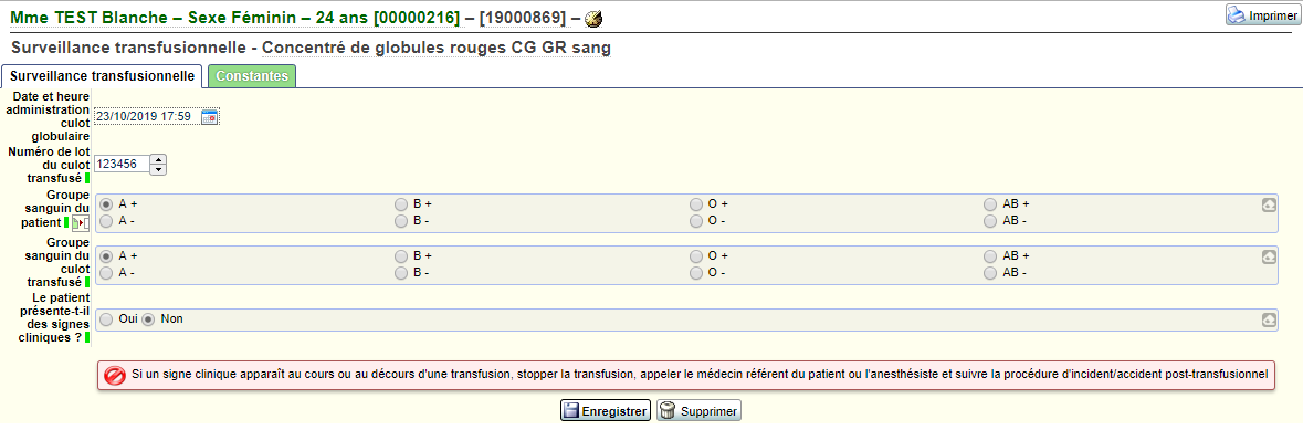 Formulaire post transfusion dans Mediboard